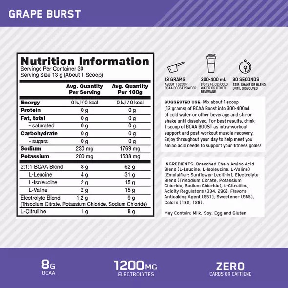 Optimum Nutrition BCAA Boost Grape 30 Serves | WOY-748019