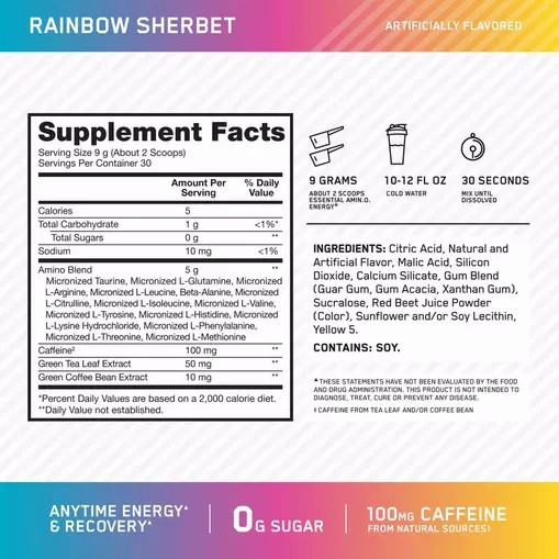 Optimum Nutrition ESSENTIAL AMIN.O. ENERGY® *new* Rainbow Sherbet - Notify Me 0.6 lb - Notify me | DSQ-930256