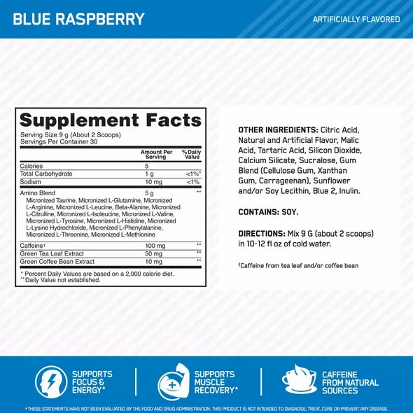 Optimum Nutrition ESSENTIAL AMIN.O. ENERGY® Blue Raspberry 0.6 lb (30 Servings) | XBC-201367