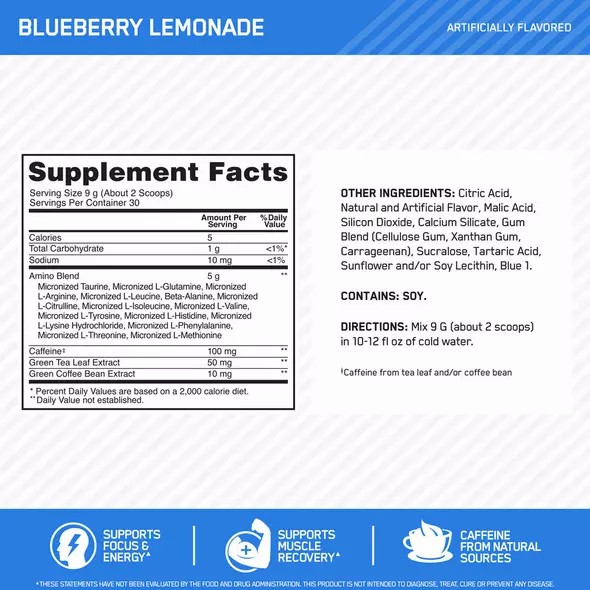 Optimum Nutrition ESSENTIAL AMIN.O. ENERGY® Blueberry Lemonade 0.6 lb (30 Servings) | MZG-046395