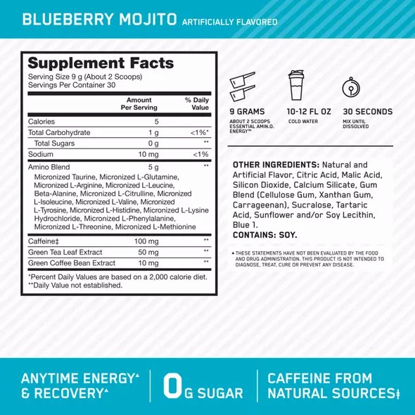 Optimum Nutrition ESSENTIAL AMIN.O. ENERGY® Blueberry Mojito 0.6 lb (30 Servings) | GCQ-984372