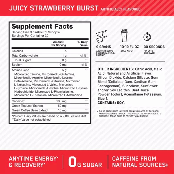 Optimum Nutrition ESSENTIAL AMIN.O. ENERGY® Juicy Strawberry - Notify Me 0.6 lb - Notify me | FPO-409538