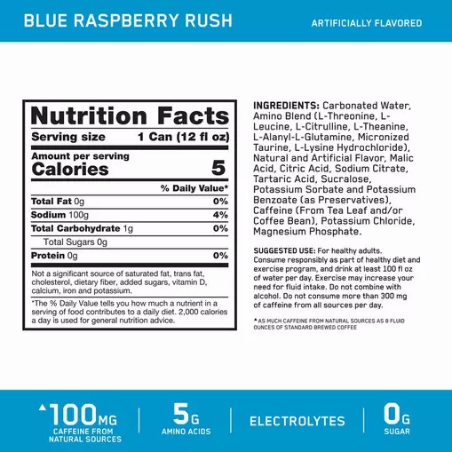 Optimum Nutrition ESSENTIAL AMIN.O. ENERGY+ Electrolytes Sparkling *new* Blue Raspberry Rush 355ml * 12 Cans (12 Servings) | USF-516079