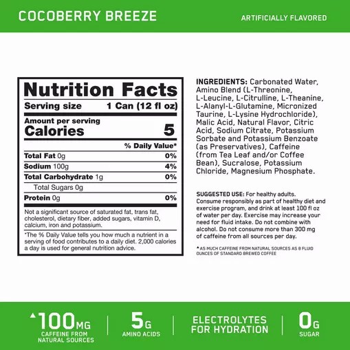 Optimum Nutrition ESSENTIAL AMIN.O. ENERGY+ Electrolytes Sparkling *new* Cocoberry Breeze 355ml * 12 Cans (12 Servings) | ZKR-406278