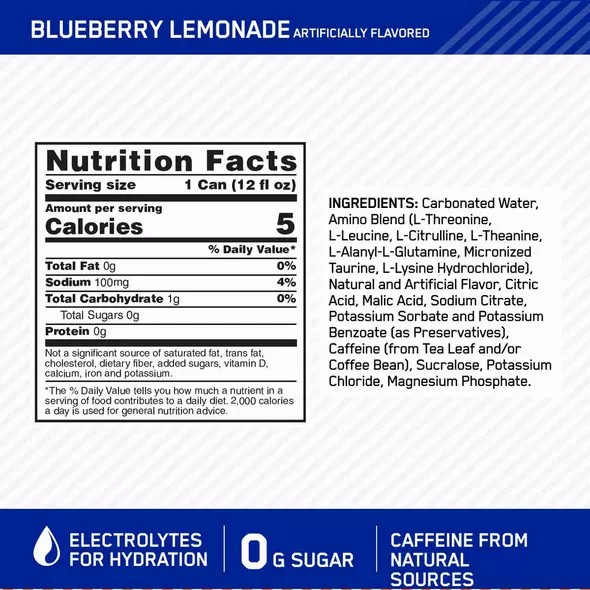 Optimum Nutrition ESSENTIAL AMIN.O. ENERGY+ Electrolytes Sparkling Blueberry Lemonade 355ml * 12 Cans (12 Servings) | BMS-784562