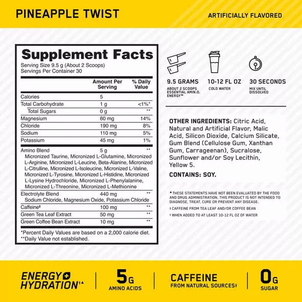 Optimum Nutrition Essential AMIN.O. ENERGY + Electrolytes Pineapple Twist 0.63 lb (30 Servings) | VQO-569734