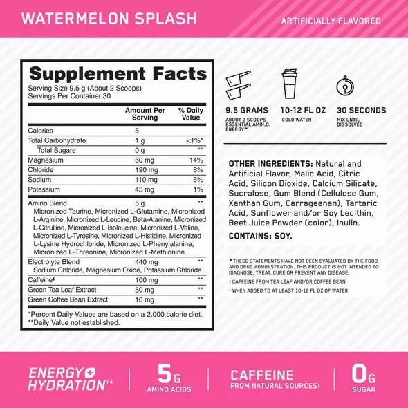 Optimum Nutrition Essential AMIN.O. ENERGY + Electrolytes Watermelon Splash 0.63 lb (30 Servings) | USI-178290