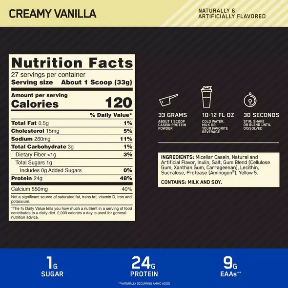 Optimum Nutrition GOLD STANDARD® 100% Casein Creamy Vanilla 2 lb (25 Servings) | ZEO-517064