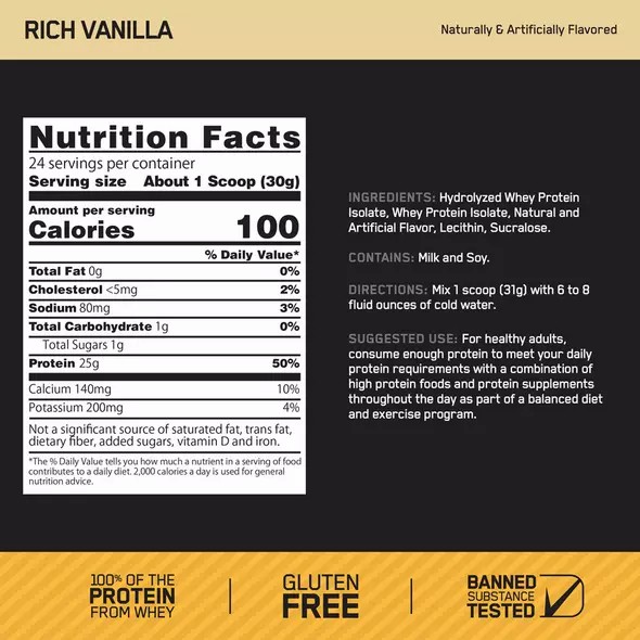 Optimum Nutrition GOLD STANDARD® 100% Isolate Rich Vanilla 2.91 lb (44 Servings) | ZJP-514693