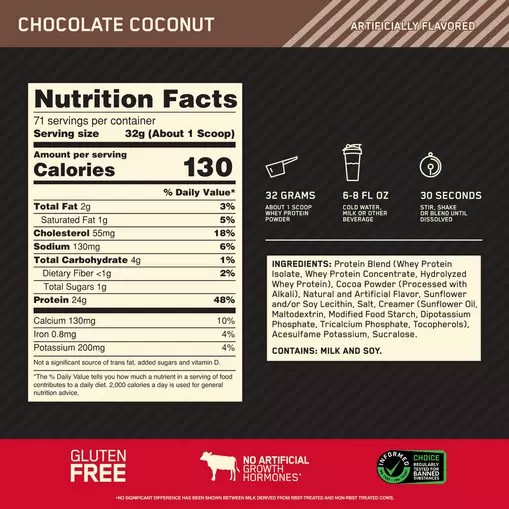 Optimum Nutrition GOLD STANDARD 100% WHEY™ Chocolate Coconut 5 lb (71 Servings) | KWX-319645