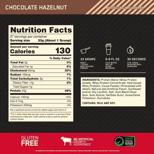 Optimum Nutrition GOLD STANDARD 100% WHEY™ Chocolate Hazelnut 2 lb (27 Servings) | SJF-241659