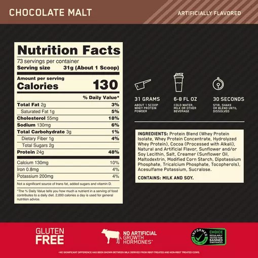 Optimum Nutrition GOLD STANDARD 100% WHEY™ Chocolate Malt 5 lb (73 Servings) | QYC-479126