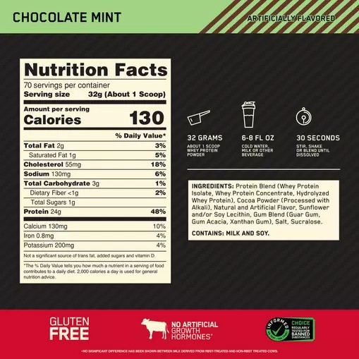 Optimum Nutrition GOLD STANDARD 100% WHEY™ Chocolate Mint 5 lb (70 Servings) | IWN-270698