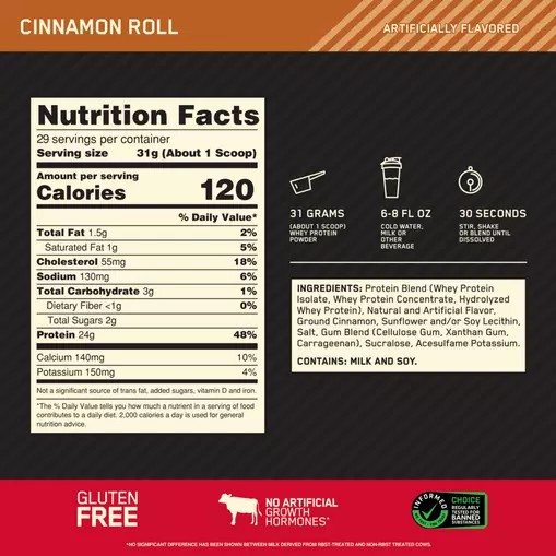 Optimum Nutrition GOLD STANDARD 100% WHEY™ Cinnamon Roll 2 lb (29 Servings) | ZHA-561892