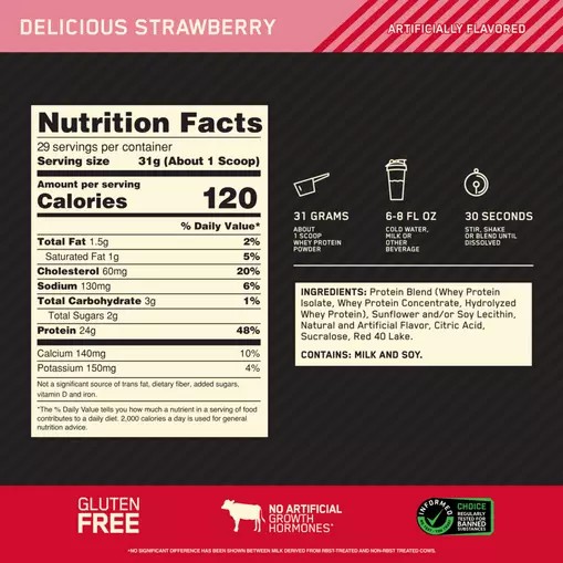 Optimum Nutrition GOLD STANDARD 100% WHEY™ Delicious Strawberry 2 lb (29 Servings) | SVP-602198