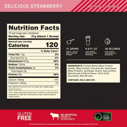 Optimum Nutrition GOLD STANDARD 100% WHEY™ Delicious Strawberry 5 lb (73 Servings) | LEF-086531