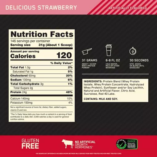 Optimum Nutrition GOLD STANDARD 100% WHEY™ Delicious Strawberry 10 lb (146 Servings) | EJK-691320