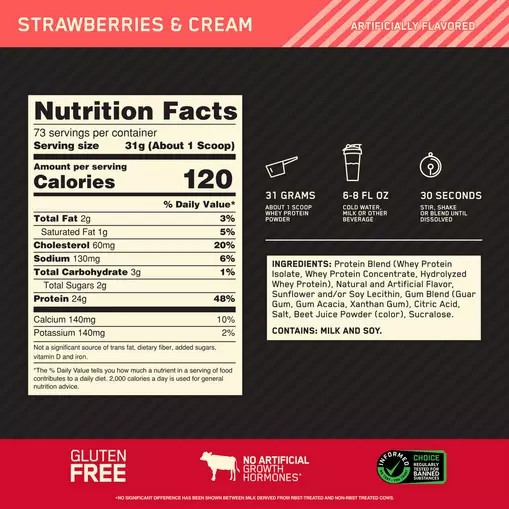 Optimum Nutrition GOLD STANDARD 100% WHEY™ Strawberries & Cream 5 lb (73 Servings) | FZD-428061