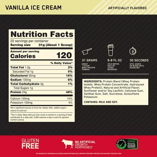 Optimum Nutrition GOLD STANDARD 100% WHEY™ Vanilla Ice Cream 1.5 lb (22 Servings) | XBC-784315