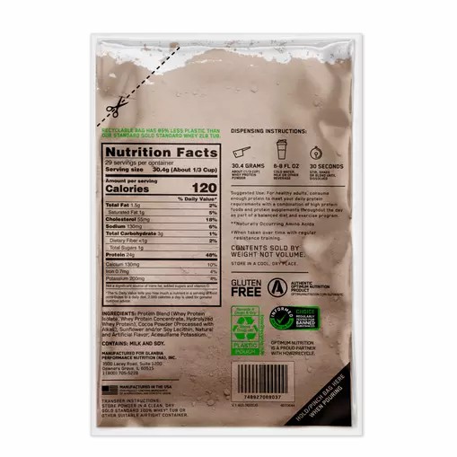 Optimum Nutrition GOLD STANDARD 100% WHEY™ Recyclable Refill Bag Double Rich Chocolate 2 lb (29 Servings) | ZFU-308194