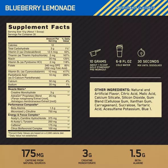 Optimum Nutrition GOLD STANDARD® Pre-Workout Blueberry Lemonade 0.66 lb (30 Servings) | BRI-749681