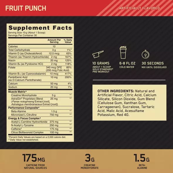 Optimum Nutrition GOLD STANDARD® Pre-Workout Fruit Punch 0.66 lb (30 Servings) | MXG-317459