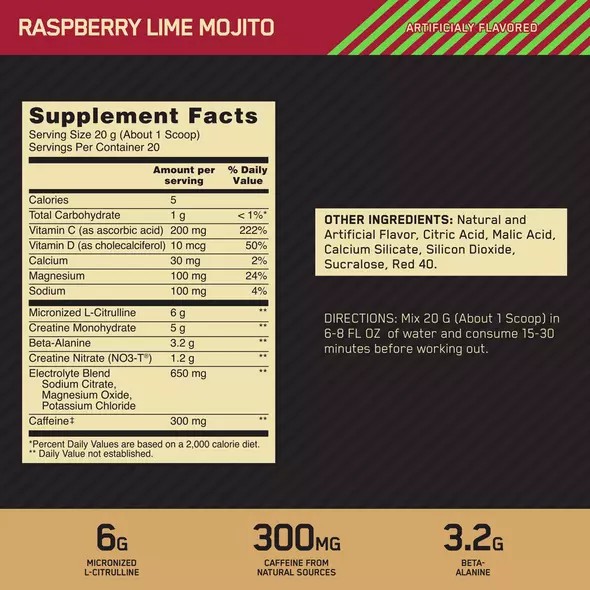 Optimum Nutrition GOLD STANDARD® Pre Advanced Raspberry Lime Mojito 0.88 lb (20 Servings) | NJI-671023