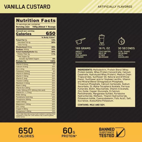 Optimum Nutrition GOLD STANDARD® Pro Gainer Vanilla Custard 5.09 lb (14 Servings) | VRN-034687