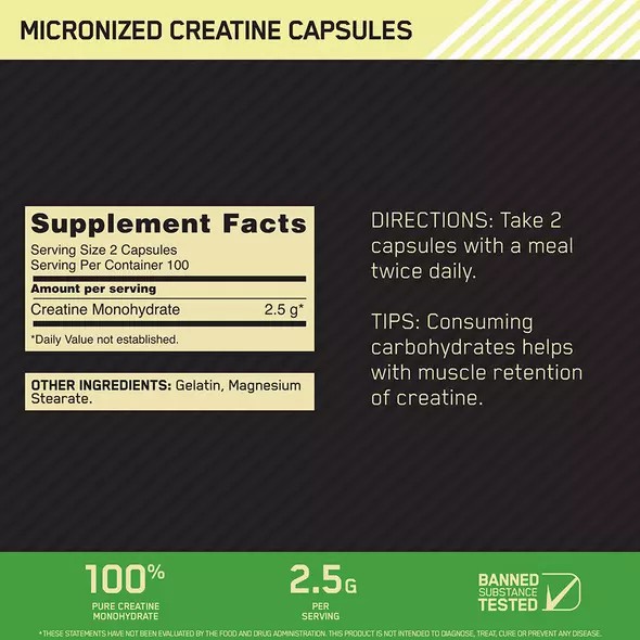 Optimum Nutrition Micronized Creatine Capsules 200 Capsules (100 Servings) | VIM-409785