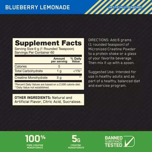 Optimum Nutrition Micronized Creatine Powder Blueberry Lemonade 0.79 lb (60 Servings) | NQD-821756