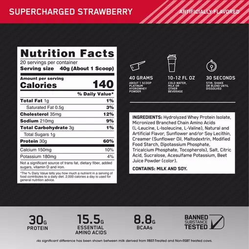 Optimum Nutrition PLATINUM HYDROWHEY™ Supercharged Strawberry 1.76 lb (20 Servings) | NBF-045127