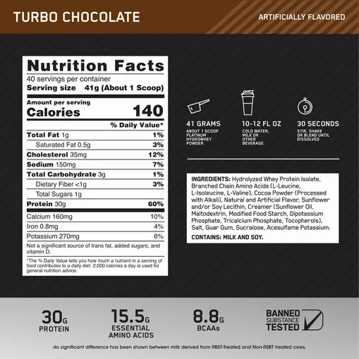 Optimum Nutrition PLATINUM HYDROWHEY™ Turbo Chocolate 3.61 lb (40 Servings) | TNQ-073428