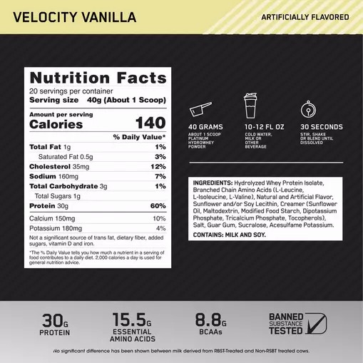 Optimum Nutrition PLATINUM HYDROWHEY™ Velocity Vanilla 1.76 lb (20 Servings) | DLR-019834