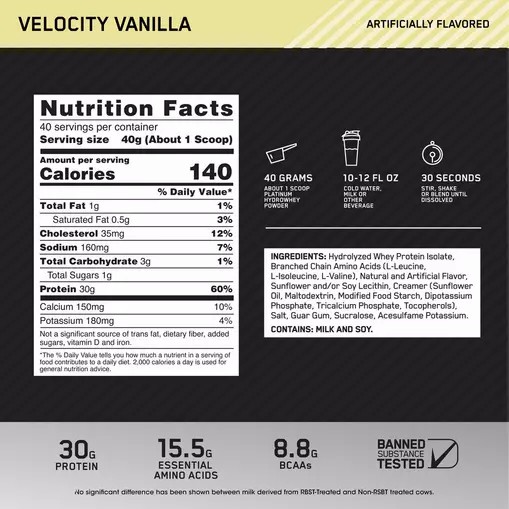 Optimum Nutrition PLATINUM HYDROWHEY™ Velocity Vanilla 3.52 lb (40 Servings) | GBC-025189