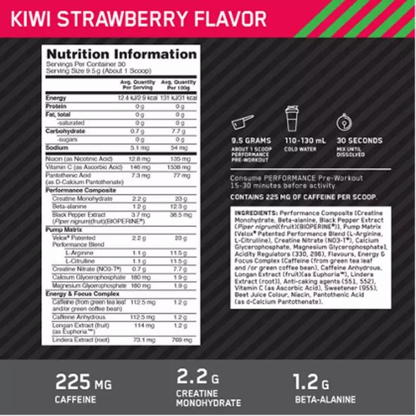 Optimum Nutrition Performance Pre-Workout Kiwi Strawberry 285g | GQU-231478