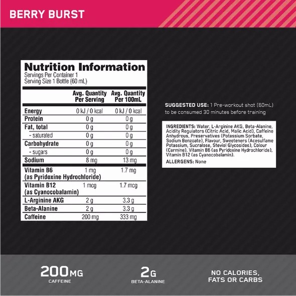 Optimum Nutrition Pure Pre 200 Pre-Workout Shot Berry 60ml (12 shots) | IRM-514263