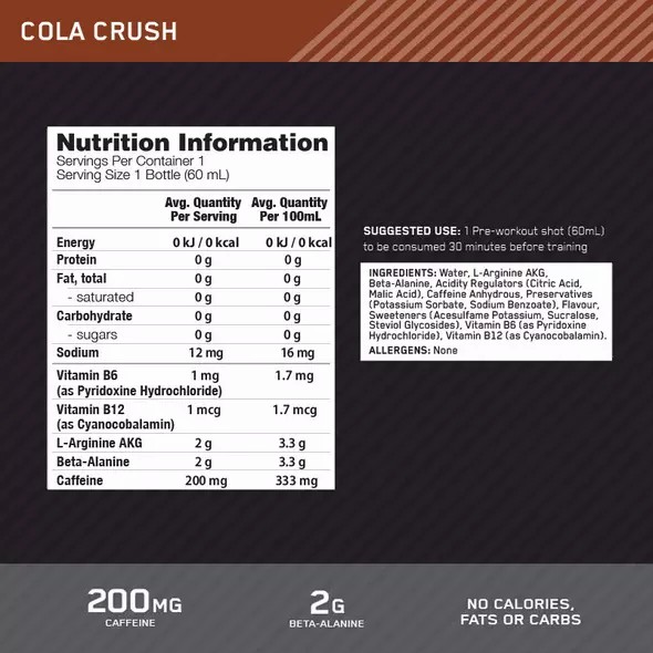 Optimum Nutrition Pure Pre 200 Pre-Workout Shot Cola 60ml (12 shots) | YZQ-485039