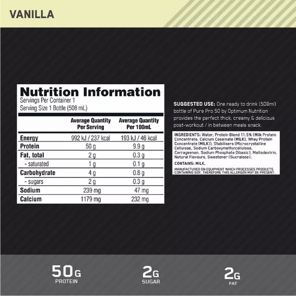 Optimum Nutrition Pure Pro 50 Vanilla 508ml (12 bottles) | WDK-974501